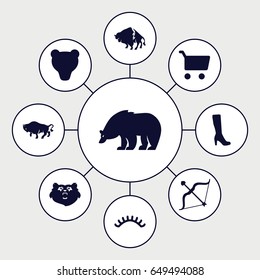 Brown icons set. set of 9 brown filled icons such as bear, buffalo, woman boot, eyelashes, bow