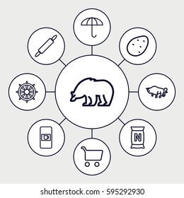 brown icons set. Set of 9 brown outline icons such as vending machine, bear, buffalo, potato, bag with ground, helm, dough pin, shopping cart