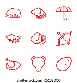 Brown icons set. set of 9 brown outline icons such as bear, buffalo, potato, sweet box, bow, chicken