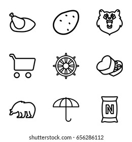 Brown icons set. set of 9 brown outline icons such as bear, potato, bag with ground, helm, sweet box, chicken, shopping cart