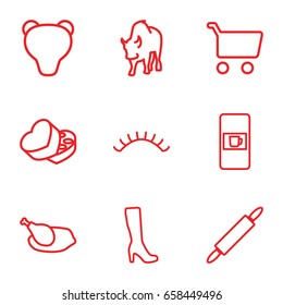 Brown icons set. set of 9 brown outline icons such as vending machine, buffalo, woman boot, eyelashes, sweet box, chicken, dough pin, shopping cart