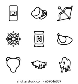 Brown icons set. set of 9 brown outline icons such as vending machine, buffalo, bag with ground, helm, sweet box, bow, chicken