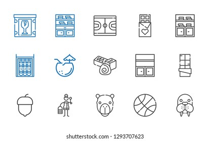 brown icons set. Collection of brown with walrus, basketball, camel, wooden, hazelnut, chocolate, bookshelf, coconut, fragile. Editable and scalable brown icons.