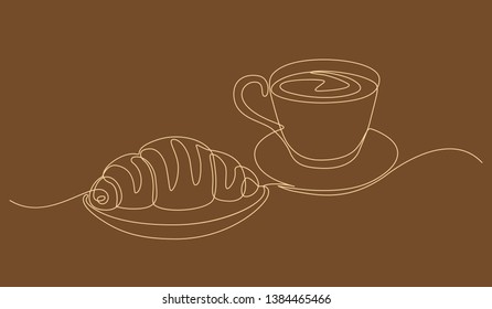 brown illustration with breakfast with croissant and coffee drawn in one line style.