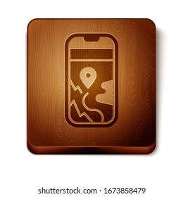 Brown Infographic of city map navigation icon isolated on white background. Mobile App Interface concept design. Geolacation concept. Wooden square button. Vector Illustration