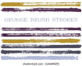 Brown ink brush strokes isolated design elements. Set of paint lines. Vintage stripes, textured paintbrush stroke shapes. Collection of ink brushes, stripes isolated on white, vector paint samples.