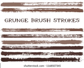 Brown ink brush strokes isolated design elements. Set of paint lines. Grungy stripes, textured paintbrush stroke shapes. Collection of ink brushes, stripes isolated on white, vector paint samples.