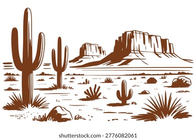 Brown ink of desert landscape with cacti and mesas under clear sky