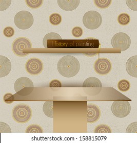 Brown interior design. Bookshelf and table. Modern stylish texture. Repeating spiral abstract background wallpaper.