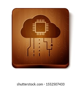Brown Internet of things icon isolated on white background. Cloud computing design concept. Digital network connection. Wooden square button. Vector Illustration