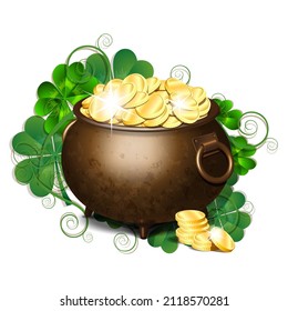 Brown iron cauldron full of gold coins isolated on white background. Stack of gold coins near the old pot. St. Patricks Day symbol. Vector illustration.