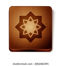 Icono de ornamento octogonal islámico marrón aislado en fondo blanco. Botón cuadrado de madera. Vector