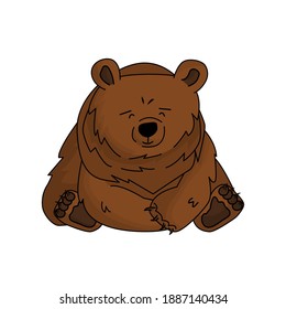 Brown isolated hand drawn not very happy bear grizzly that sits and thinks about many problems. Feet of paws are visible
