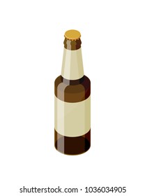 Brown isometric beer bottle with blank label template vector icon isolated on white background. Transparent glass realistic beer bottle isometric design.