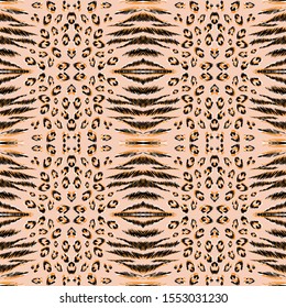Brown Jaguar Skin Vector Seamless Pattern. Ochre Zebra Drawn India Background. Yellow Cheetah Skin Nature Background. African Wild Animal Print. Black Puma Background