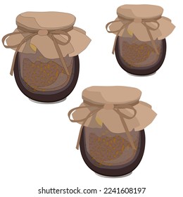 Vector de tarro de mermelada marrón, tapa de tela con cinta aislada plana con sombras sobre fondo blanco