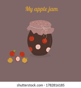 Un tarro marrón de mermelada de manzana. Decorada con un elemento decorativo con un arco. Ilustración vectorial aislada en un fondo de color. Para publicidad e infografías. Uso para presentación, banner, afiche