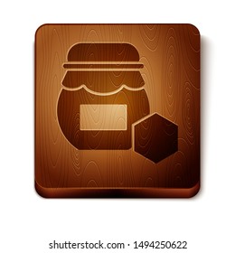 Brown Jar of honey icon isolated on white background. Food bank. Sweet natural food symbol. Wooden square button. Vector Illustration