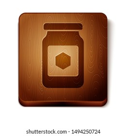 Brown Jar of honey icon isolated on white background. Food bank. Sweet natural food symbol. Wooden square button. Vector Illustration
