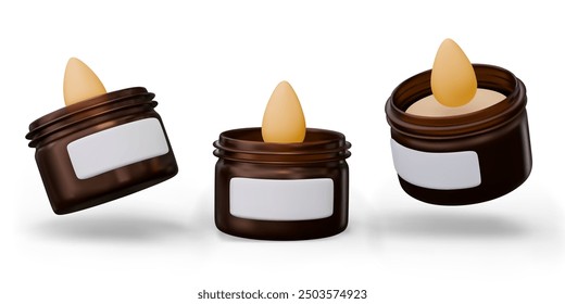 Brown jar of wax. Cosmetic product with flavored ingredients. Vector model with drop of liquid