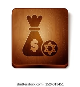 Brown Jewish money bag with star of david and coin icon isolated on white background. Currency symbol. Wooden square button. Vector Illustration