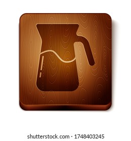 Brown Jug glass with water icon isolated on white background. Kettle for water. Glass decanter with drinking water. Wooden square button. Vector