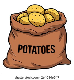 Brown jute sack filled with ripe potatoes vector illustration. Rustic burlap bag of fresh root vegetables perfect for harvest themes, organic food packaging, and sustainable agriculture designs.