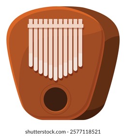 Brown kalimba with metal tines, creating soothing sounds, displayed against a white background