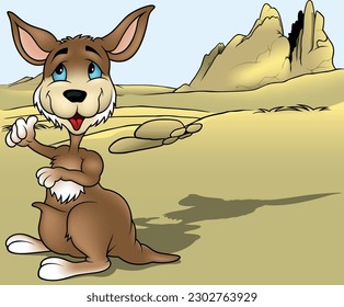 Brown Kangaroo with Blue Eyes and a Turned Head from Profile - Colored Cartoon Illustration with Background, Vector