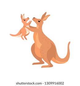 Brown Kangaroo Holding Her Little Baby, Cute Wallaby Australian Animal Character Vector Illustration