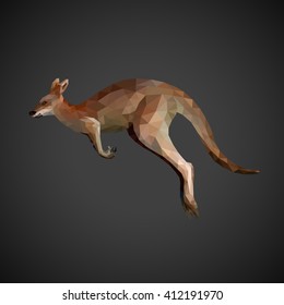 Brown kangaroo is running with low poly. Abstract polygonal illustration.