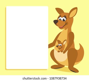 Brown kangaroo with white board. Template for your text. Cartoon character with white banner. Place your text on blank sheet. Vector illustration.