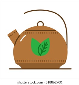 brown kettle for green tea with two green leaves. Flat vector illustration. Herbal tea icon on white background.