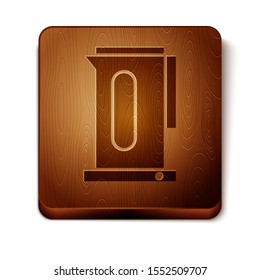 Brown Kettle with handle icon isolated on white background. Teapot icon. Wooden square button. Vector Illustration