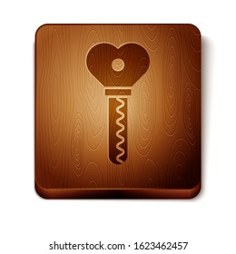 Brown Key in heart shape icon isolated on white background. Valentines day. Wooden square button. Vector Illustration