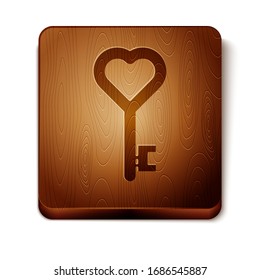 Brown Key in heart shape icon isolated on white background. 8 March. International Happy Women Day. Wooden square button. Vector Illustration