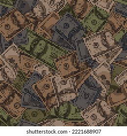 Brown khaki camouflage pattern with 100 dollar banknotes. Pixel retro effect. Army or hunting green masking ornament for apparel, fabric, textile, sport goods.