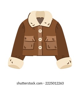 Brown kid jacket with fur cartoon illustration. Winter or autumn outwear for boys and girls isolated on white background. Clothes, outdoor clothing, garment concept