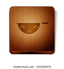 Brown Kitchen colander icon isolated on white background. Cooking utensil. Cutlery sign. Wooden square button. Vector Illustration
