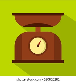 Brown kitchen scales icon. Flat illustration of kitchen scales vector icon for web isolated on green background