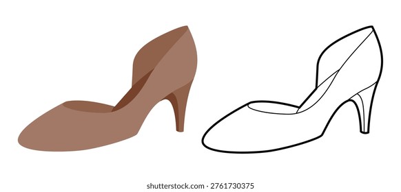 Brown kitten heel pump shoe women flat plus line set. Closed toe dress shoe for conference, travel look. Technical fashion illustration, CAD mockup, mixed vector men unisex isolated stylish style.