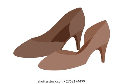 Brown kitten heel pump shoe women flat pair. Closed toe dress shoe for business, family, day to night outfit. Technical fashion illustration, CAD mockup, soft vector men unisex isolated modern style.