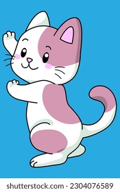 brown kitten raised its paws on a blue background