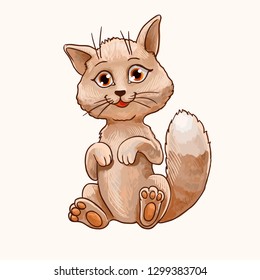 Brown kitten sitting and raised his paws. Vector cute character