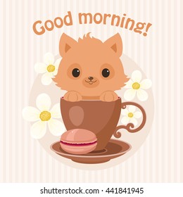 Brown kitten/cat in a tea cup vector illustration. Cute curious kitten/cat peeping from the cup