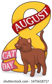 Brown kitty rubbing and playing with giant golden number eight, decorated with greeting ribbons to celebrate Cat Day this 8th August.