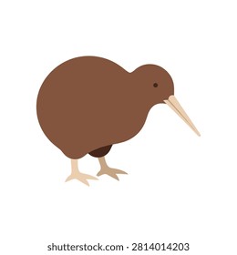 Brown kiwi bird standing with long beak. Minimalist brown kiwi bird illustration featuring a round body, long slender beak, and small black eye in a flat style. Ideal for educational materials or nature-themed icons.