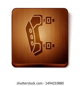 Brown Knee pads icon isolated on white background. Extreme sport. Sport equipment. Skateboarding, bicycle, roller skating protective gear. Wooden square button. Vector Illustration
