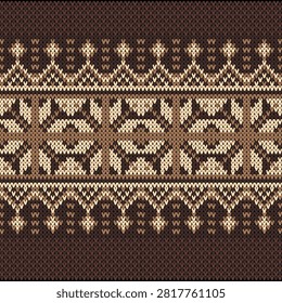 Brown Knitted Pattern Seamless Vector Background, Vintage Beige Fair Isle Texture, Traditional Nordic Sweater Design, Scandinavian Geometric Folk Ornament