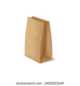 Brown kraft paper bag for food products. Vector 3D illustration of an eco-friendly shopping bag, ideal for packing takeaways, lunches and snacks on an isolated background.